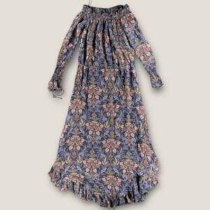 Ecru 100% Silk Maxi Dress XS Black Floral Paisley Smocked Off Shoulder Ruffle